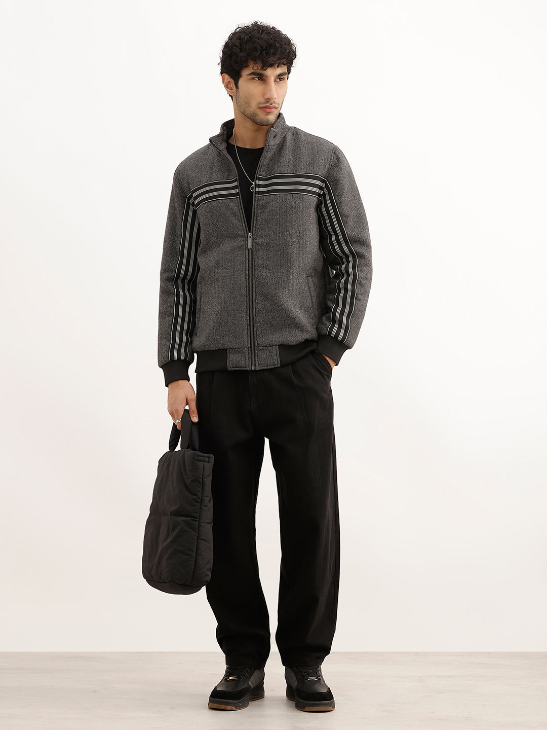 Solid Regular Fit Quilted Zipper Jacket | Charcoal