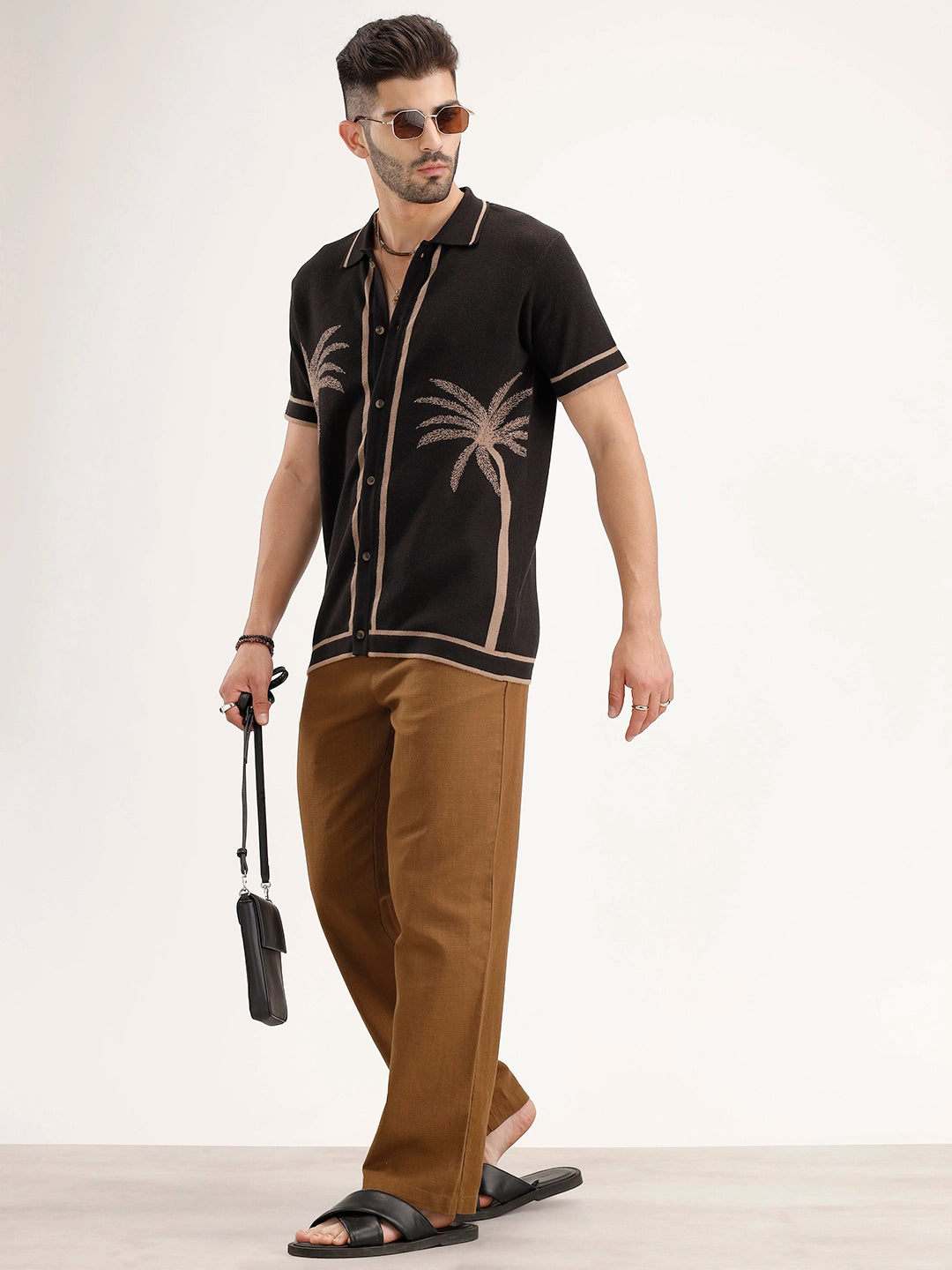 Slim Fit Jacquard Resort Collar Shirt | Black