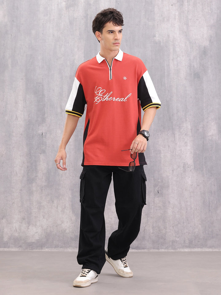 Retro Inspired Color Block Front Zip Polo I Rust