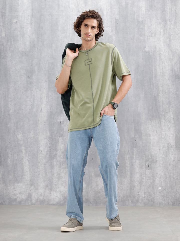 Raw Edge & Stitch Detail Oversized Fit T-Shirt | Green