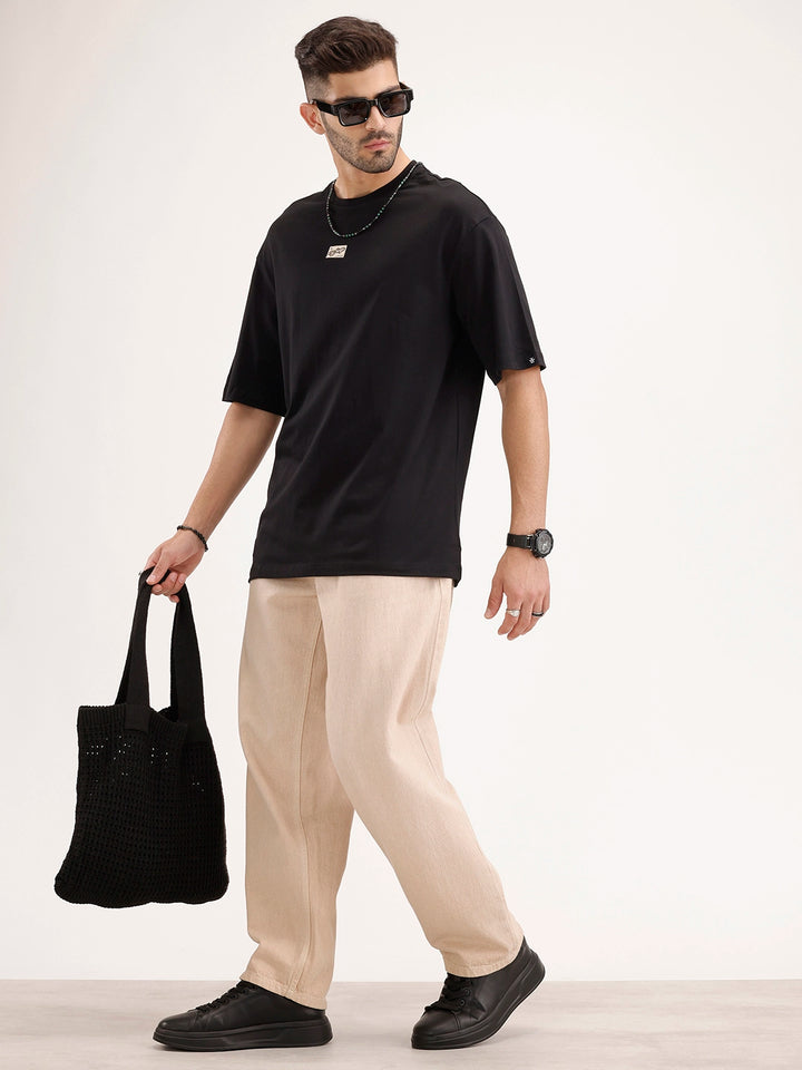 Solid Oversized Fit Patch Detail T-Shirt | Black