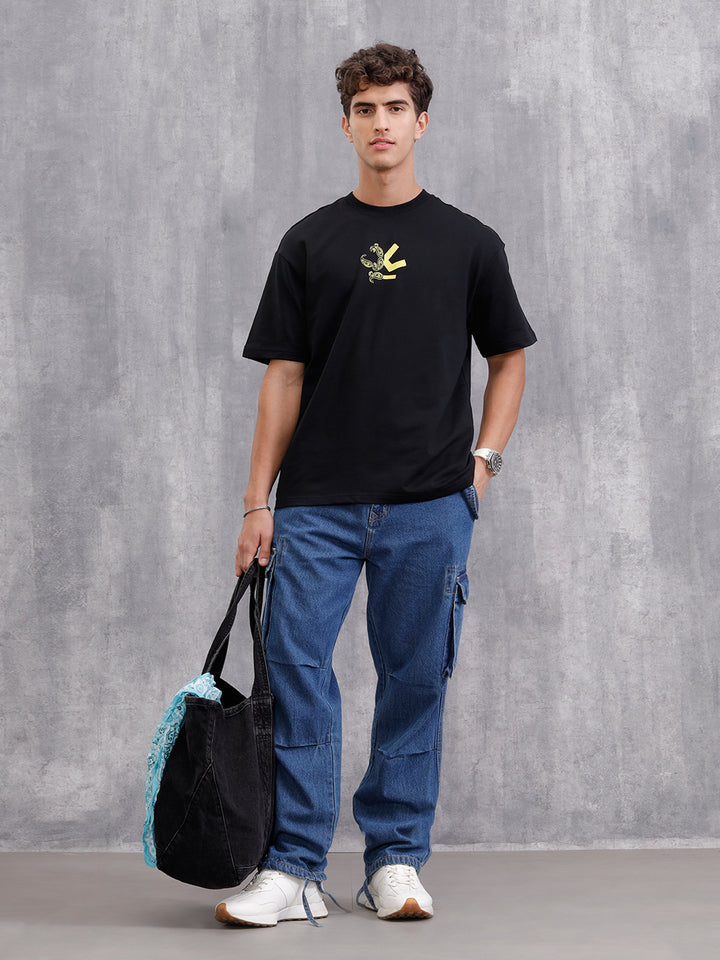Bandana Inspired Oversized Back Print Crew Neck T-Shirt | Black