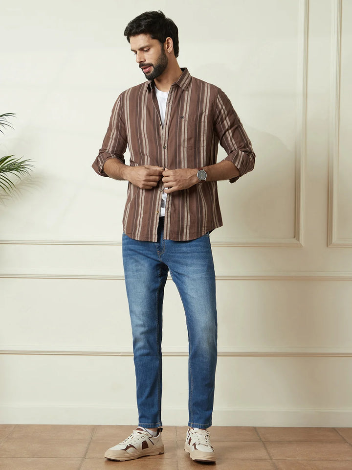 Striped Slim Fit Dobby Shirt | Brown