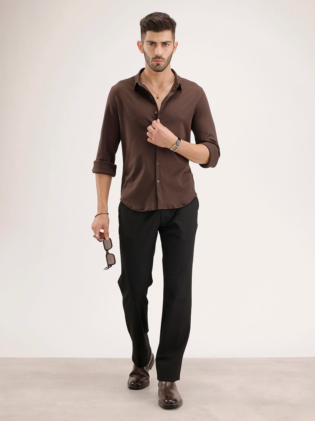 Solid Slim Fit 100% Cotton Shirt | Brown