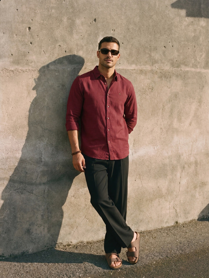 Solid Linen Blend Shirt | Wine