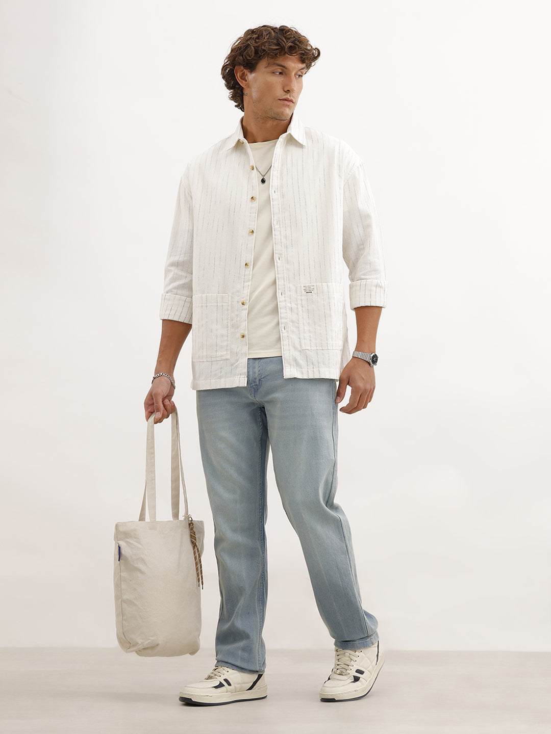 Oversized Striped Double Pocket Shirt | White