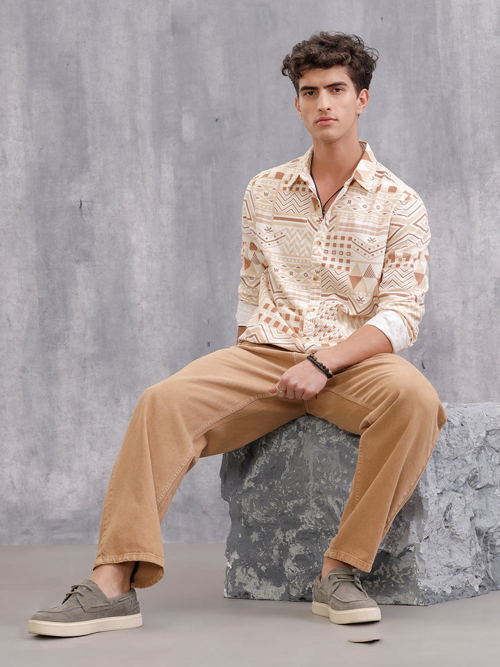 Corduroy Geometric Printed Shirt In Slim Fit | Beige