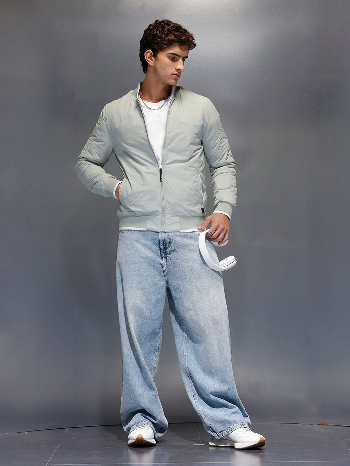 Men's Slim Fit Zip-up Nylon Jacket with Bottom Rib  |  Grey