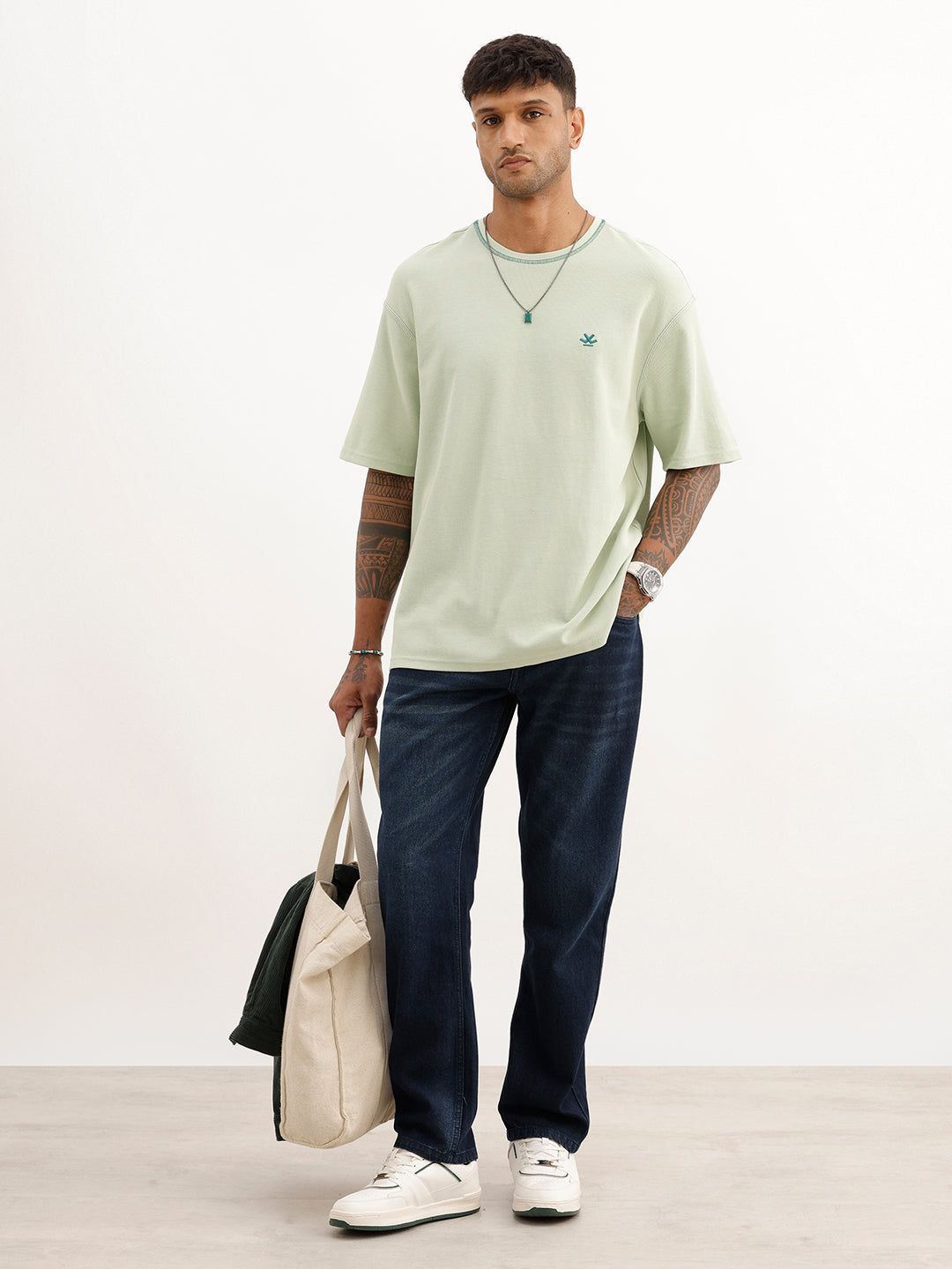 Oversized Contrast Stitch Textured T-Shirt | Light Green
