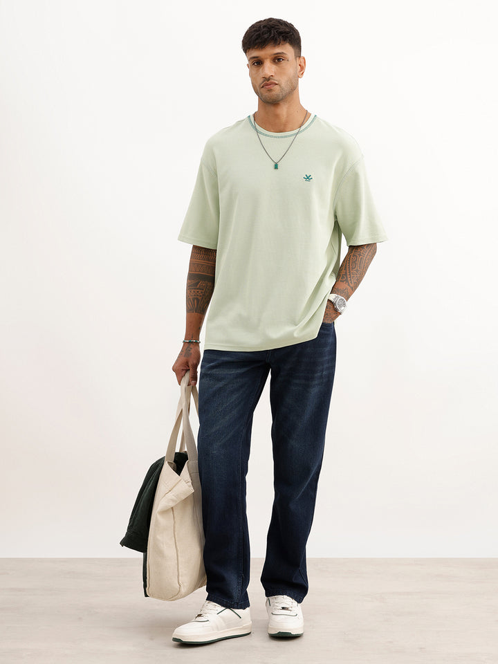 Oversized Contrast Stitch Textured T-Shirt | Light Green