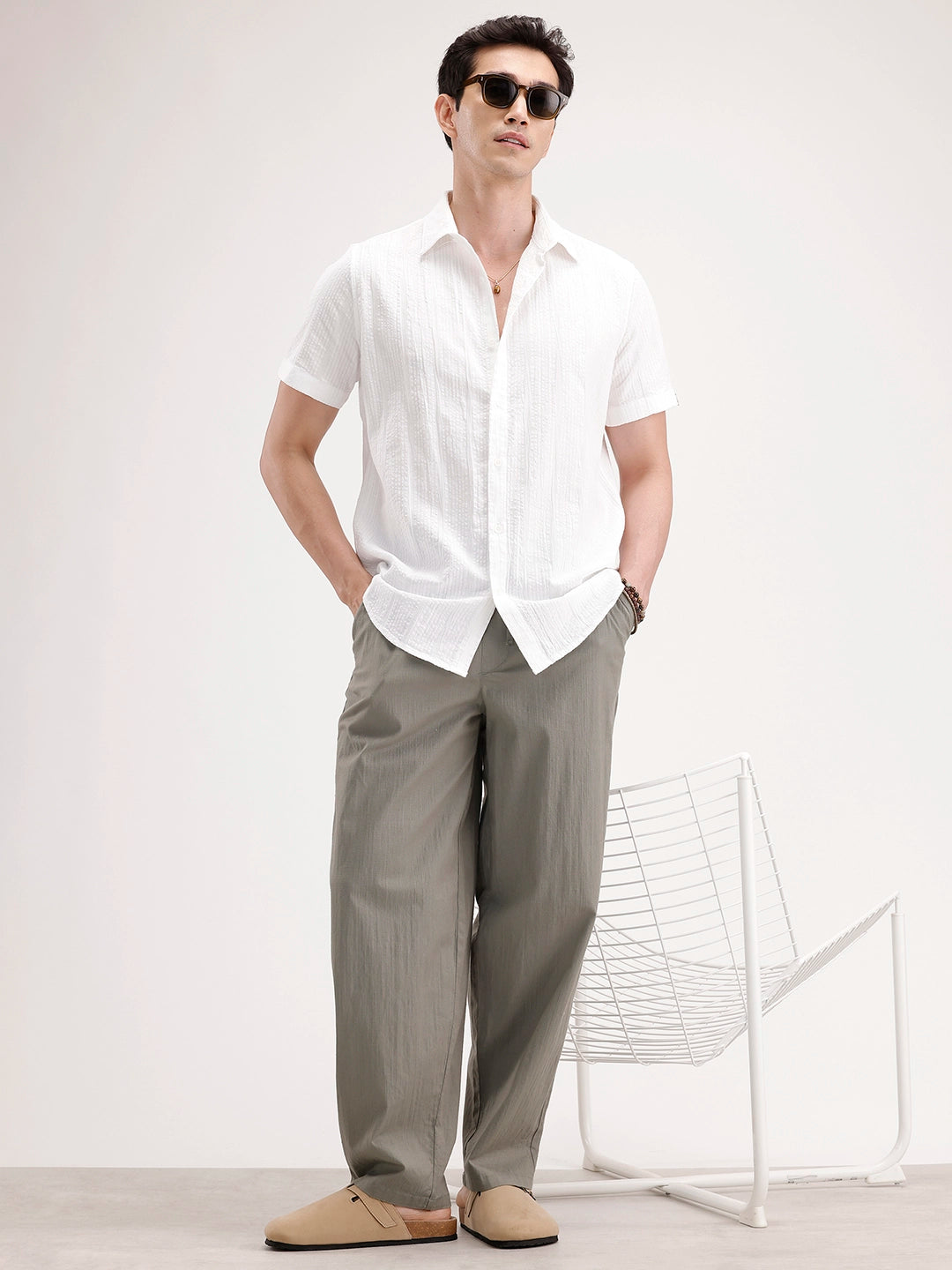 Slim Fit Textured Half Sleeve Shirt | White