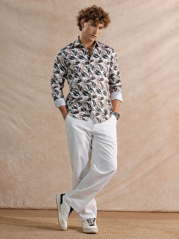 Printed Satin Slim Fit Shirt | Off White