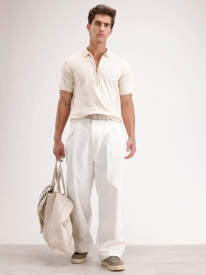 Slim Fit Flat Knit Polo T-Shirt | Beige
