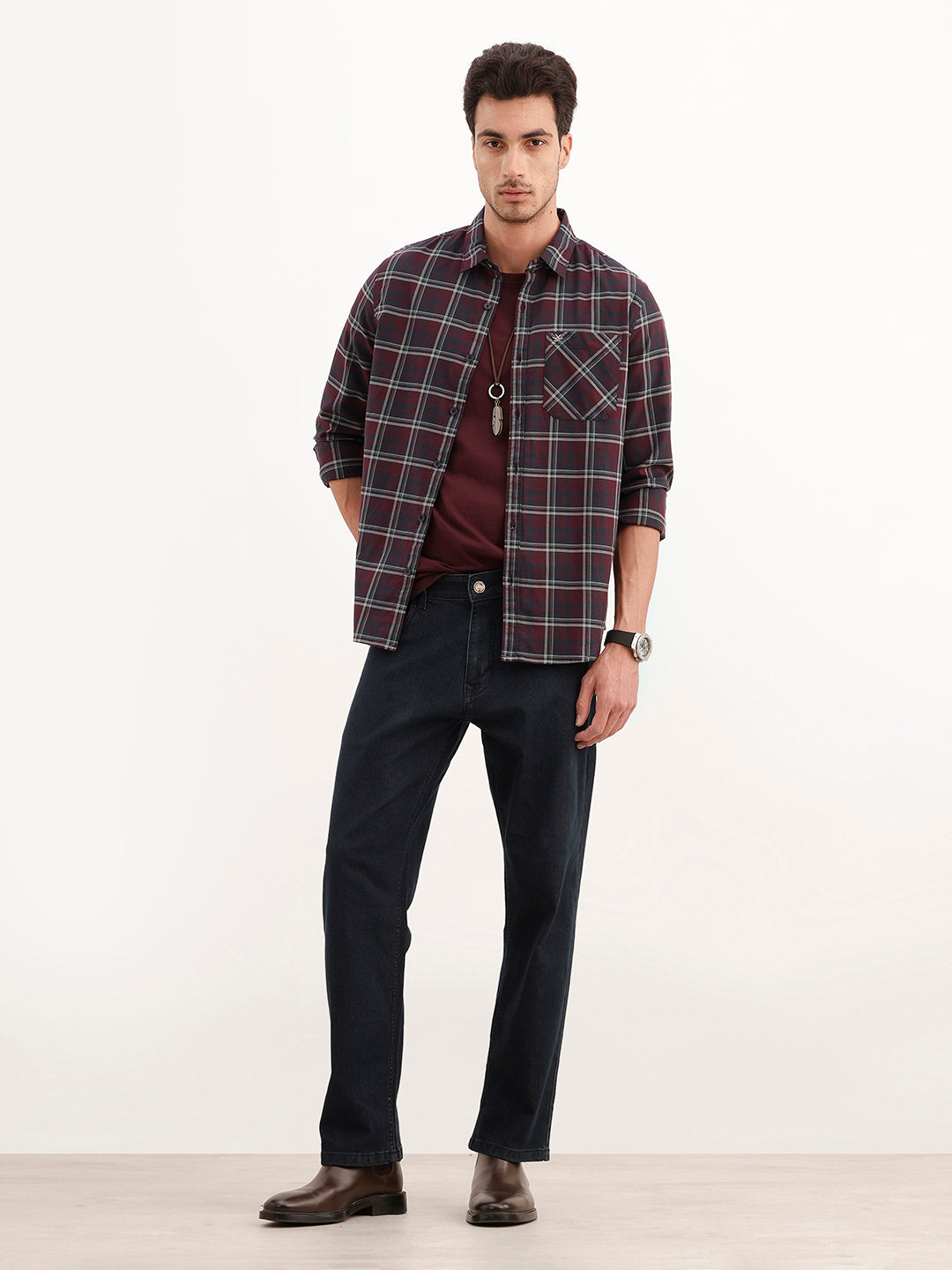 Regular Fit Full Sleeve Checkered Shirt | Maroon