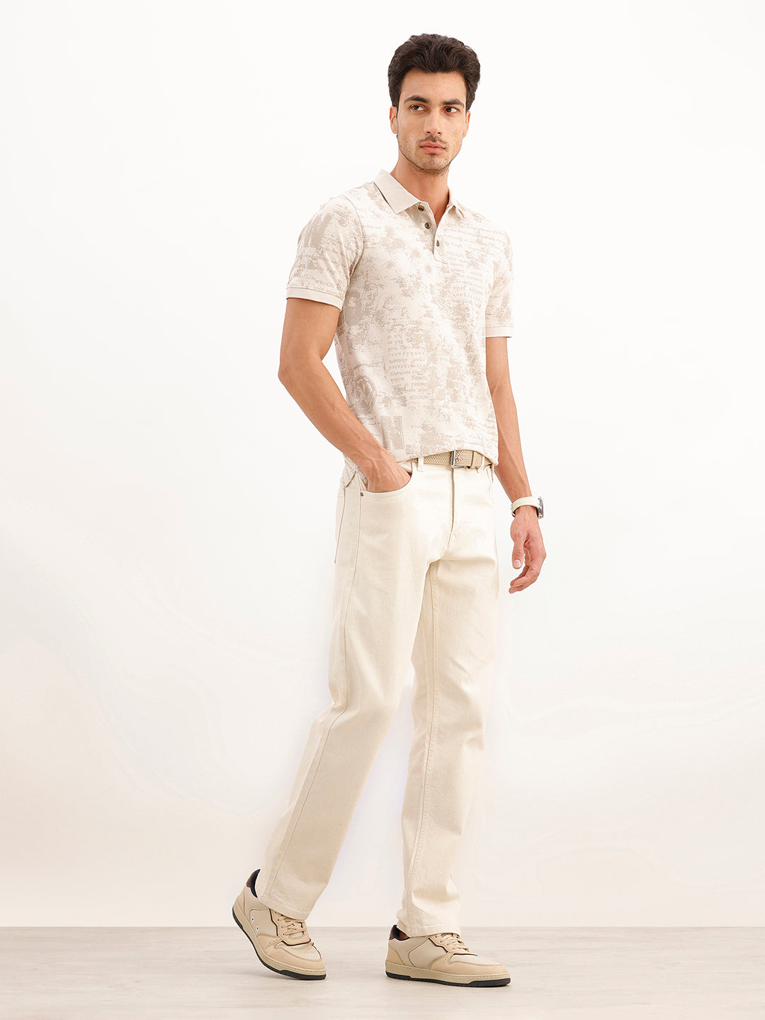 Abstract Printed Slim Fit Polo T-Shirt | Beige