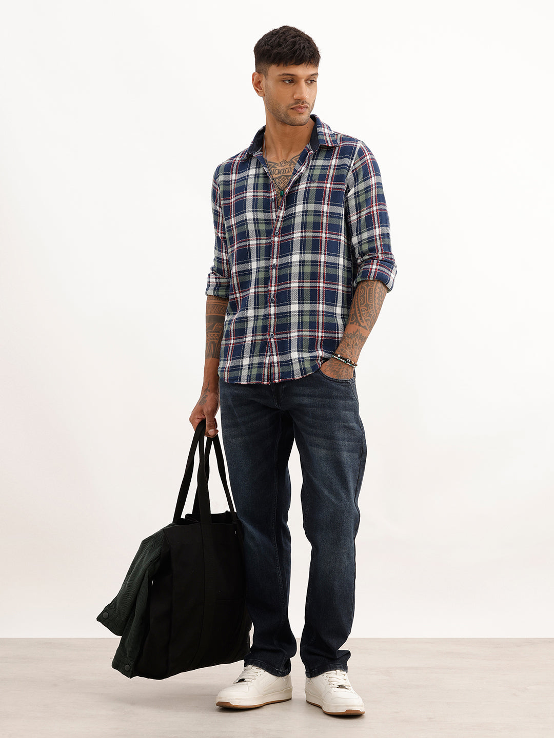Slim Fit Checkered Full Sleeve Shirt | Navy Blue