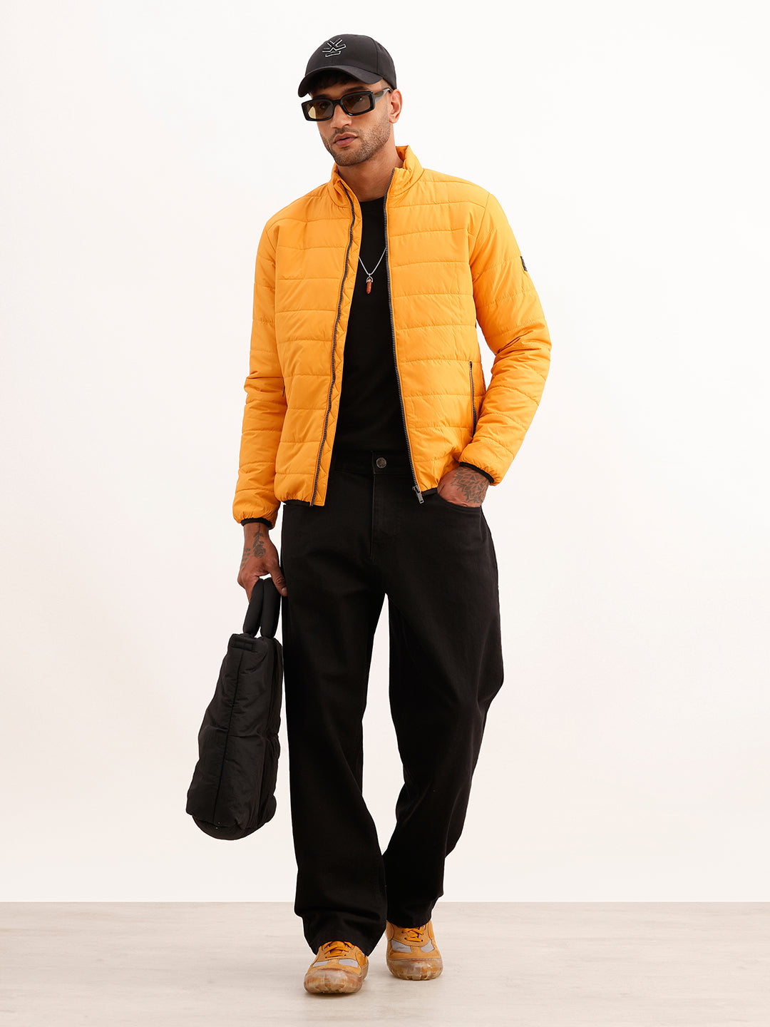 Solid Regular Fit Puffer Jacket | Yellow