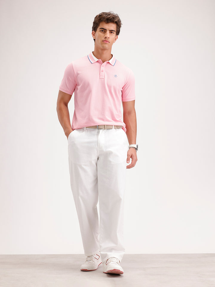 Slim Fit Contrast Collar Polo T-Shirt  | Pink