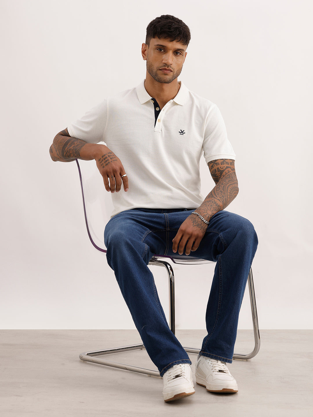 Solid Contrast Placket Polo T-Shirt | White