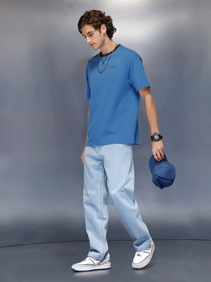 Men’s minimal oversized T-shirt with contrast neck | Blue