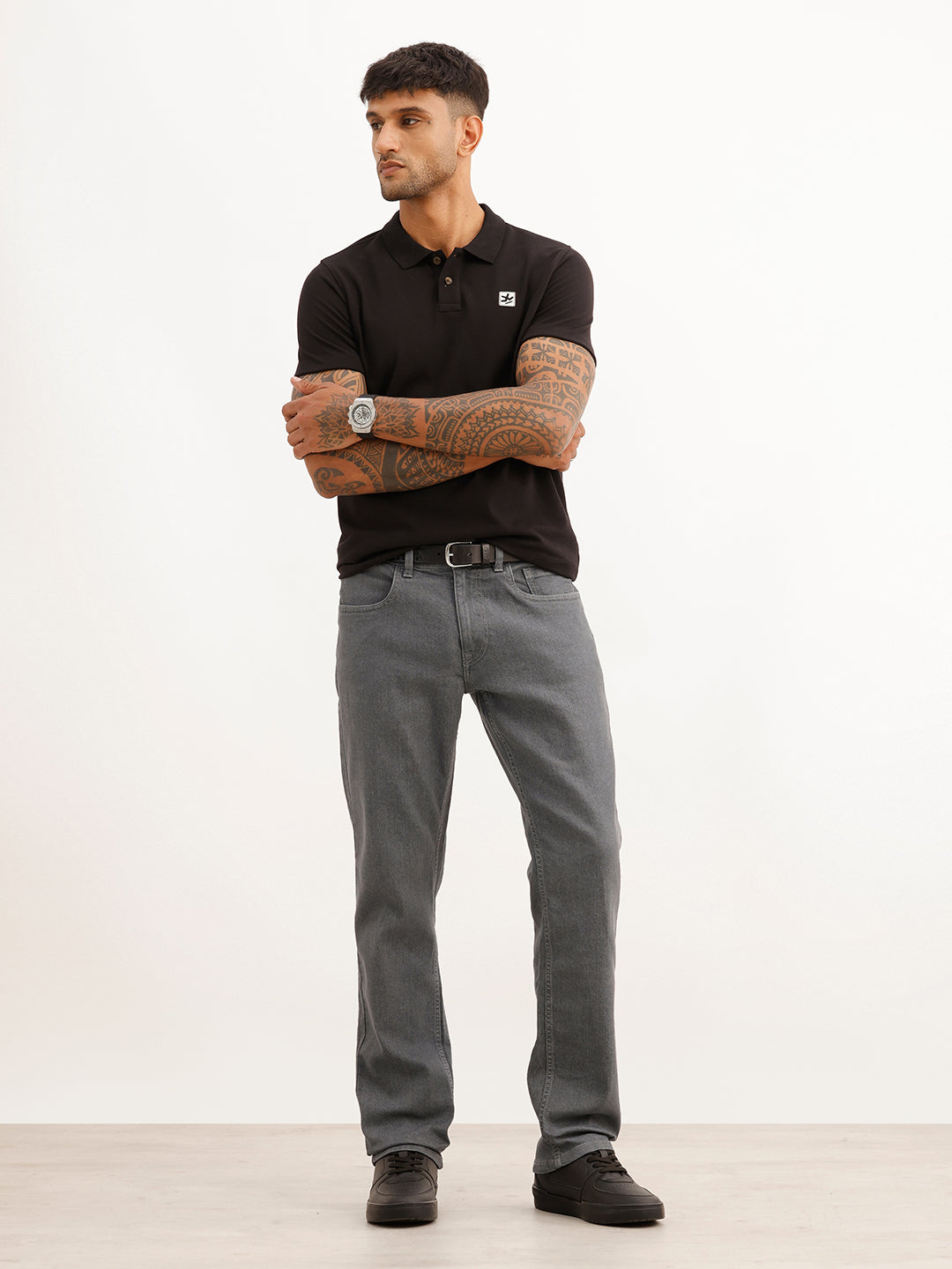 Solid Contrast Stitch Denim Jeans | Light Grey