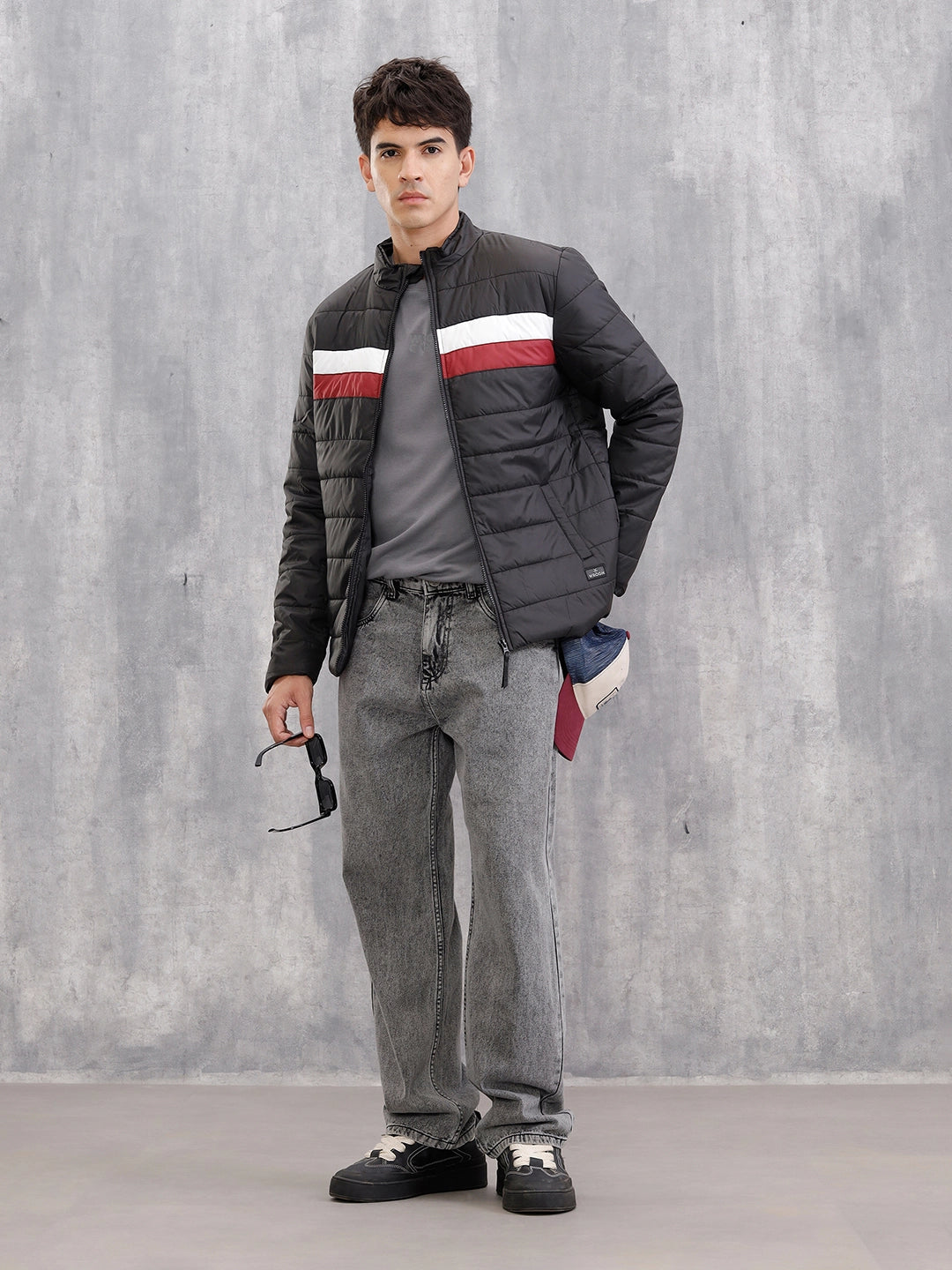 Colourblock Regular Fit Puffered Bomber Jacket  |  Black