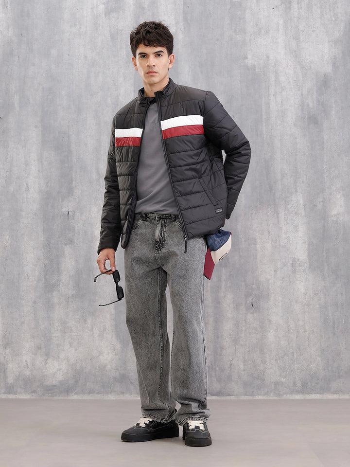 Colourblock Regular Fit Puffered Bomber Jacket  |  Black