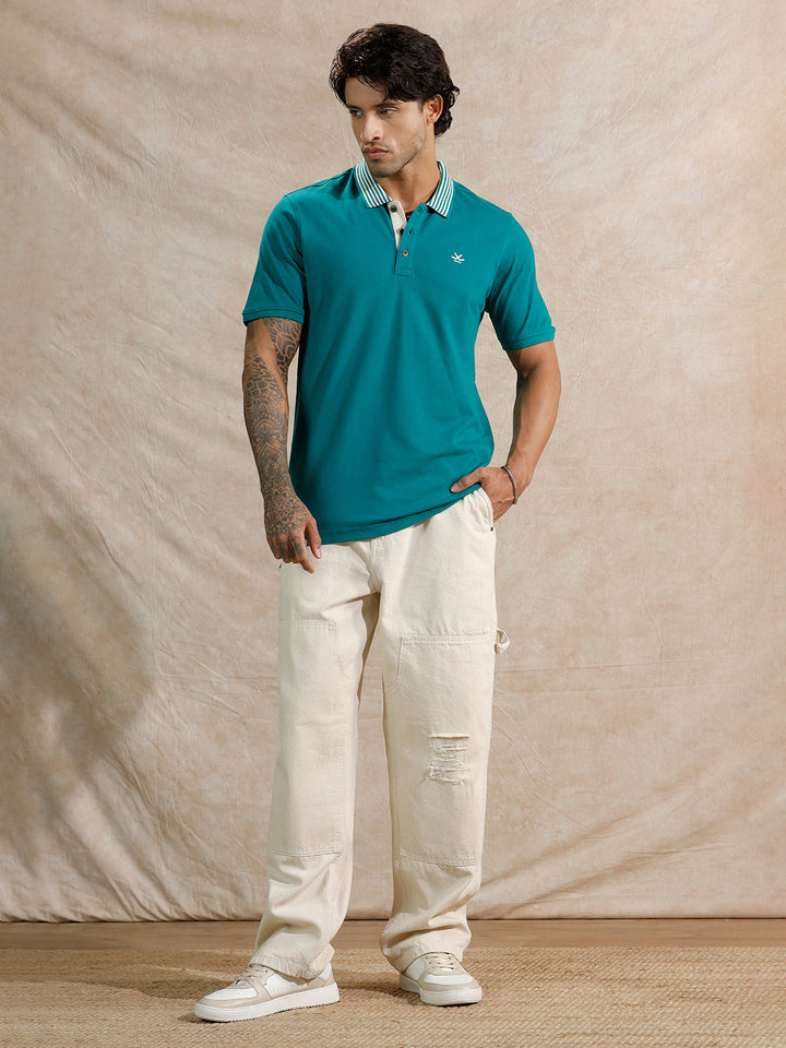 Striped Collar Slim Fit Polo T-Shirt | Teal