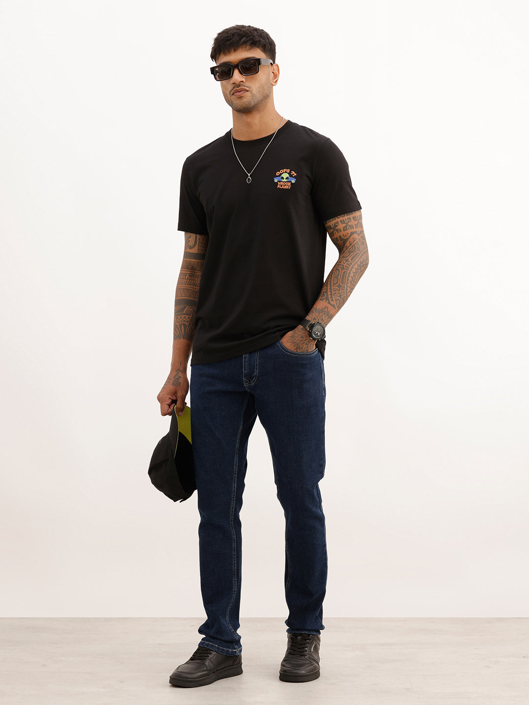 Slim Fit Embroidered Patch Detail T-Shirt | Black