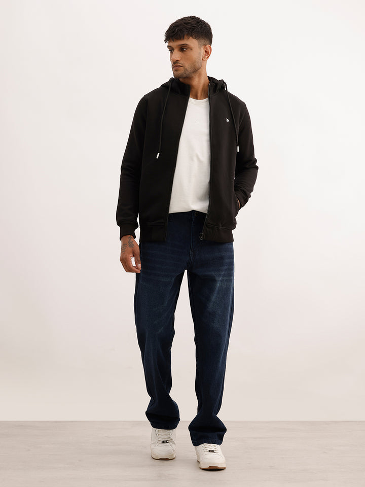 Solid Placement Printed Hooded Sweatshirt | Black