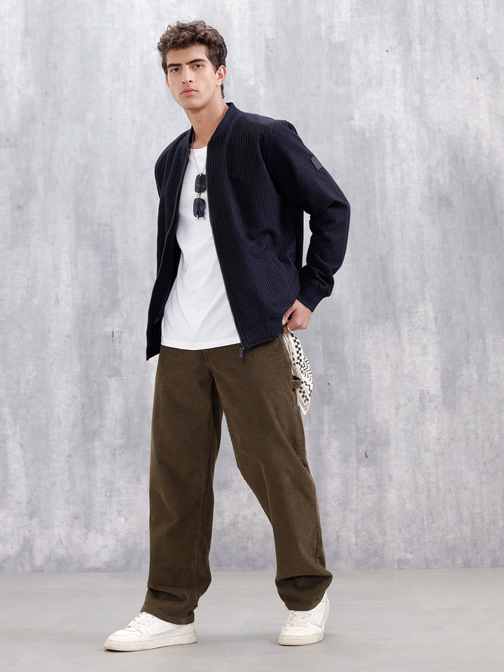 Men’s Textured Casual Bomber Jacket | Black