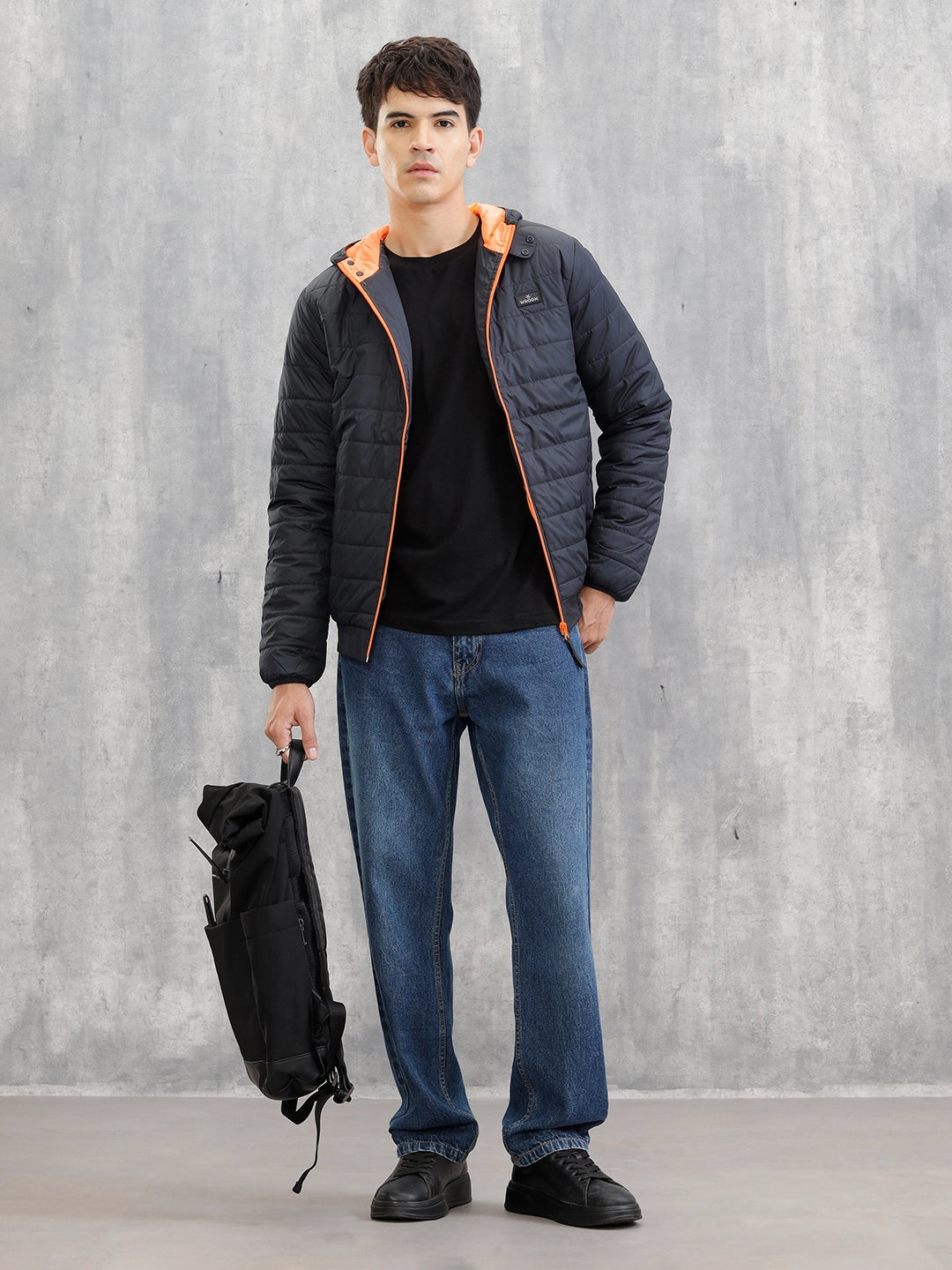 Hooded Puffer Bomber Jacket | Navy Blue