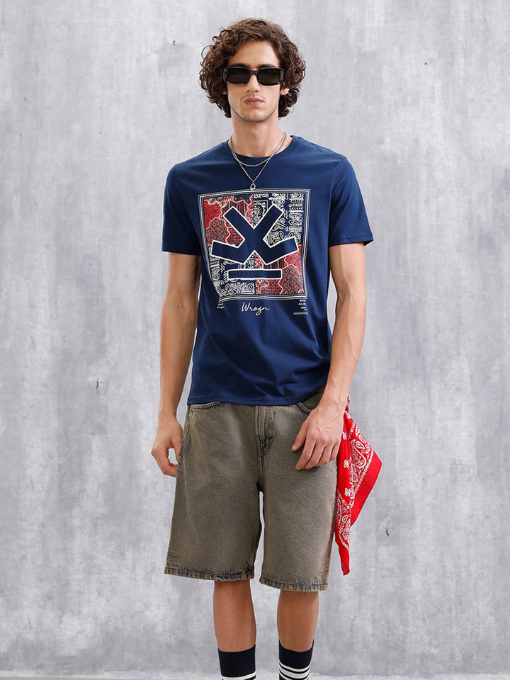 Bandana Logo Printed Slim Fit T-Shirt  | Navy Blue