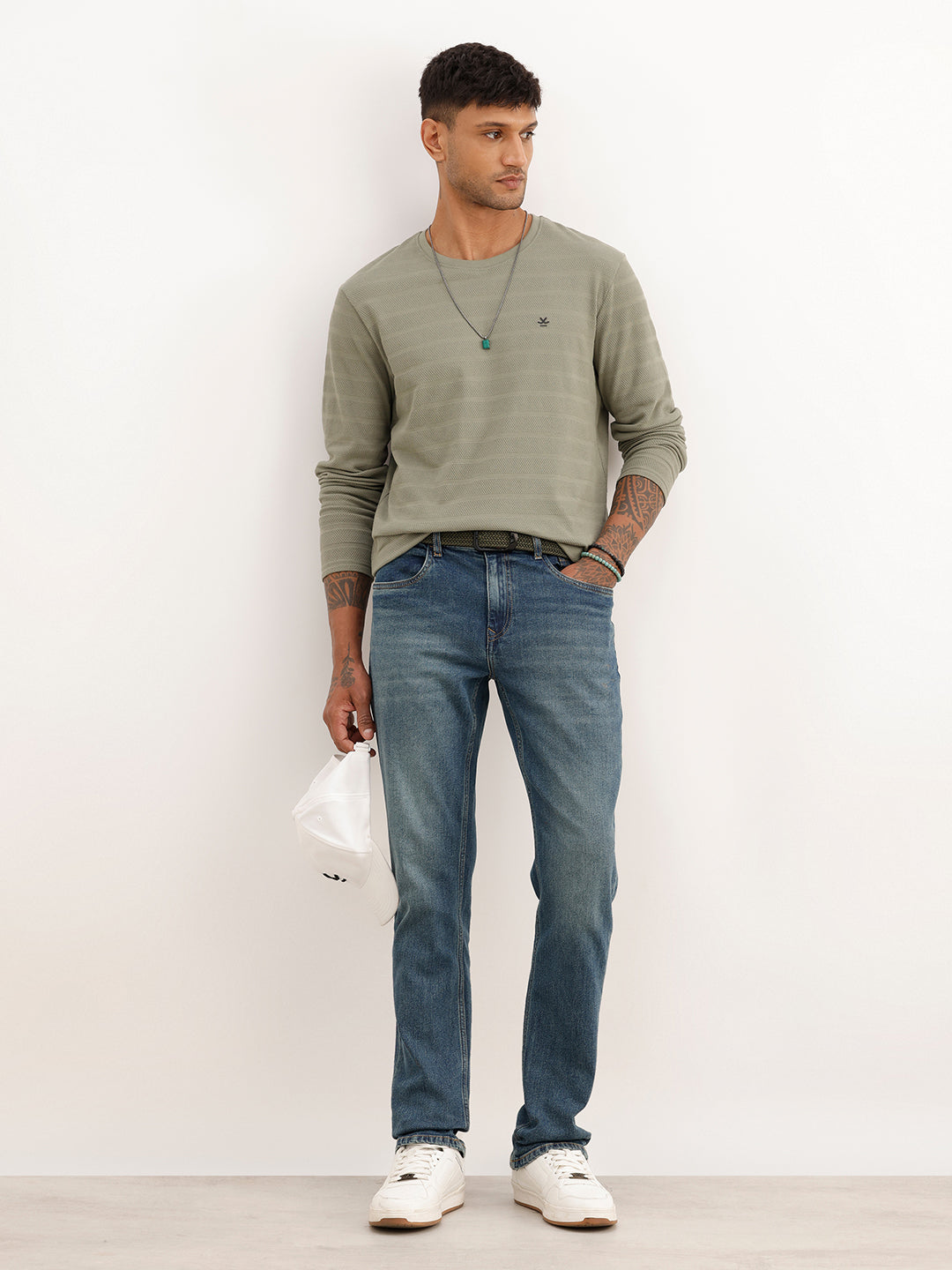 Textured Slim Fit Full Sleeve T-Shirt | Green