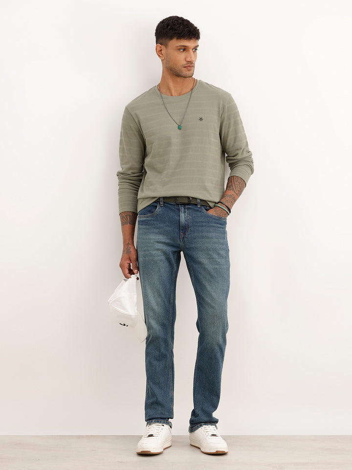 Textured Slim Fit Full Sleeve T-Shirt | Green