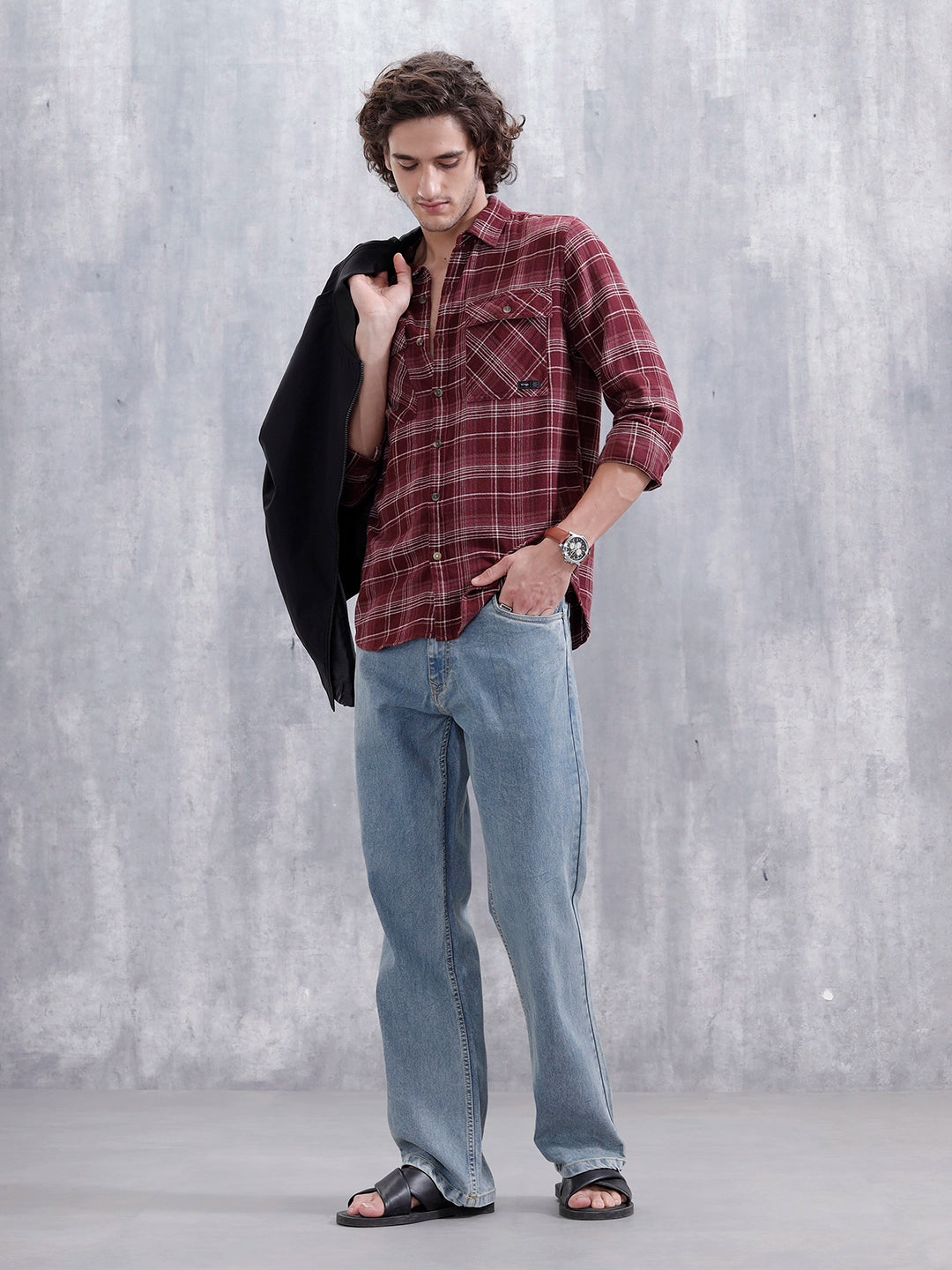 Men’s Double Pocket Checkered Pattern Shirt | Maroon