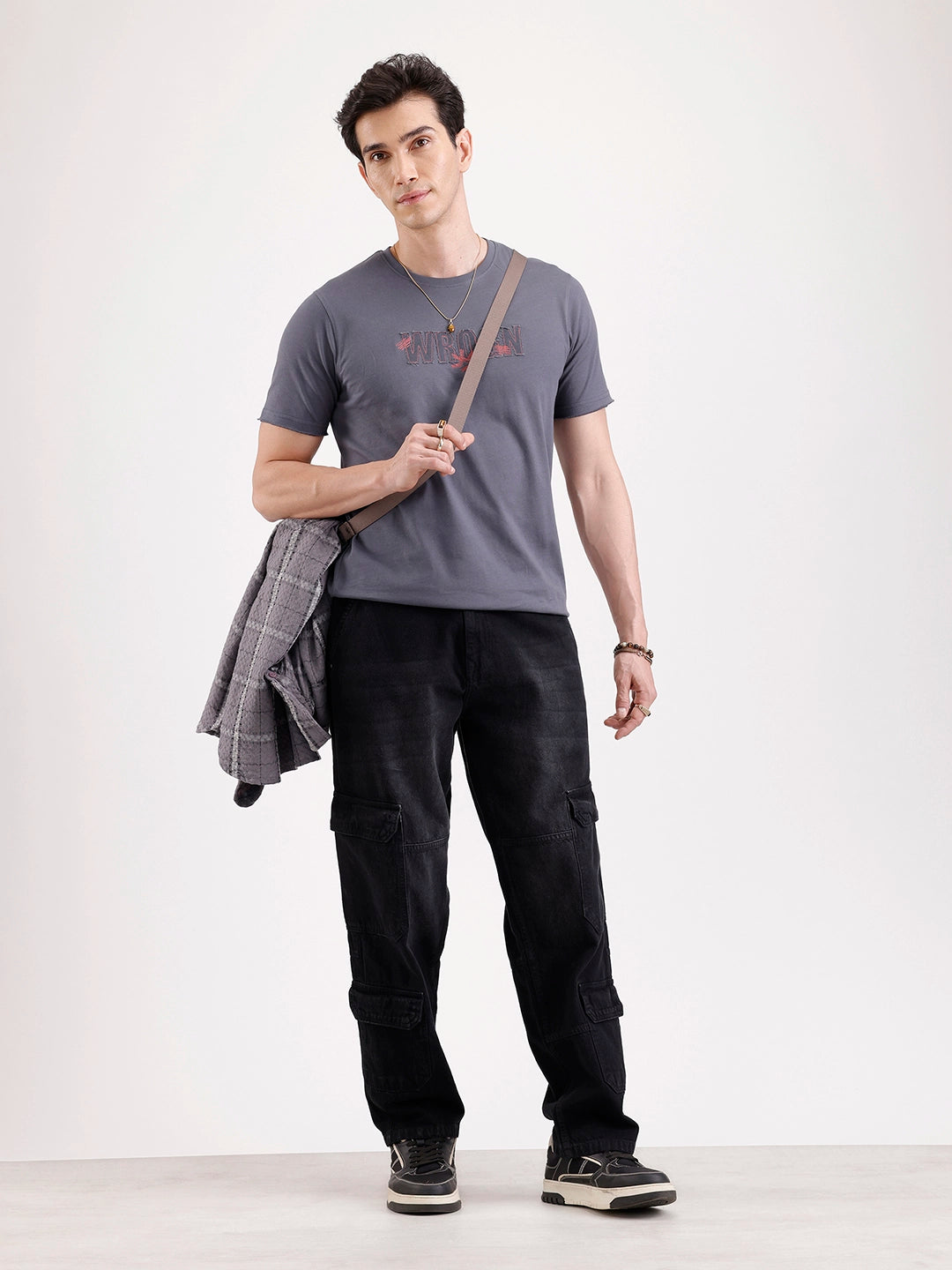 Washed Loose Fit Cargo Denim   |  Grey