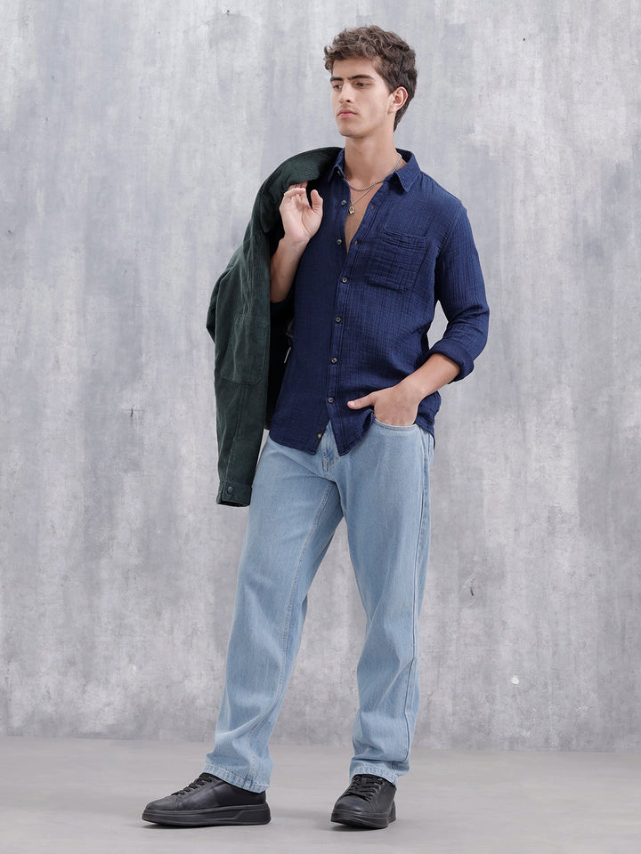 Indigo Double Cloth Slim Fit Shirt In Dark Wash | Dark Blue
