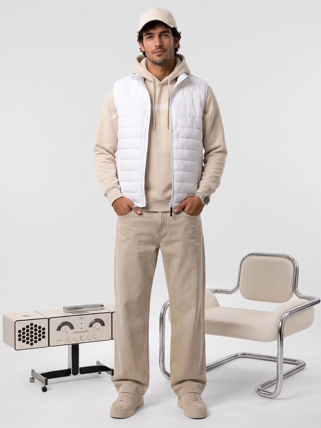 Classic Cut-Off Sleeve Puffer Jacket | White