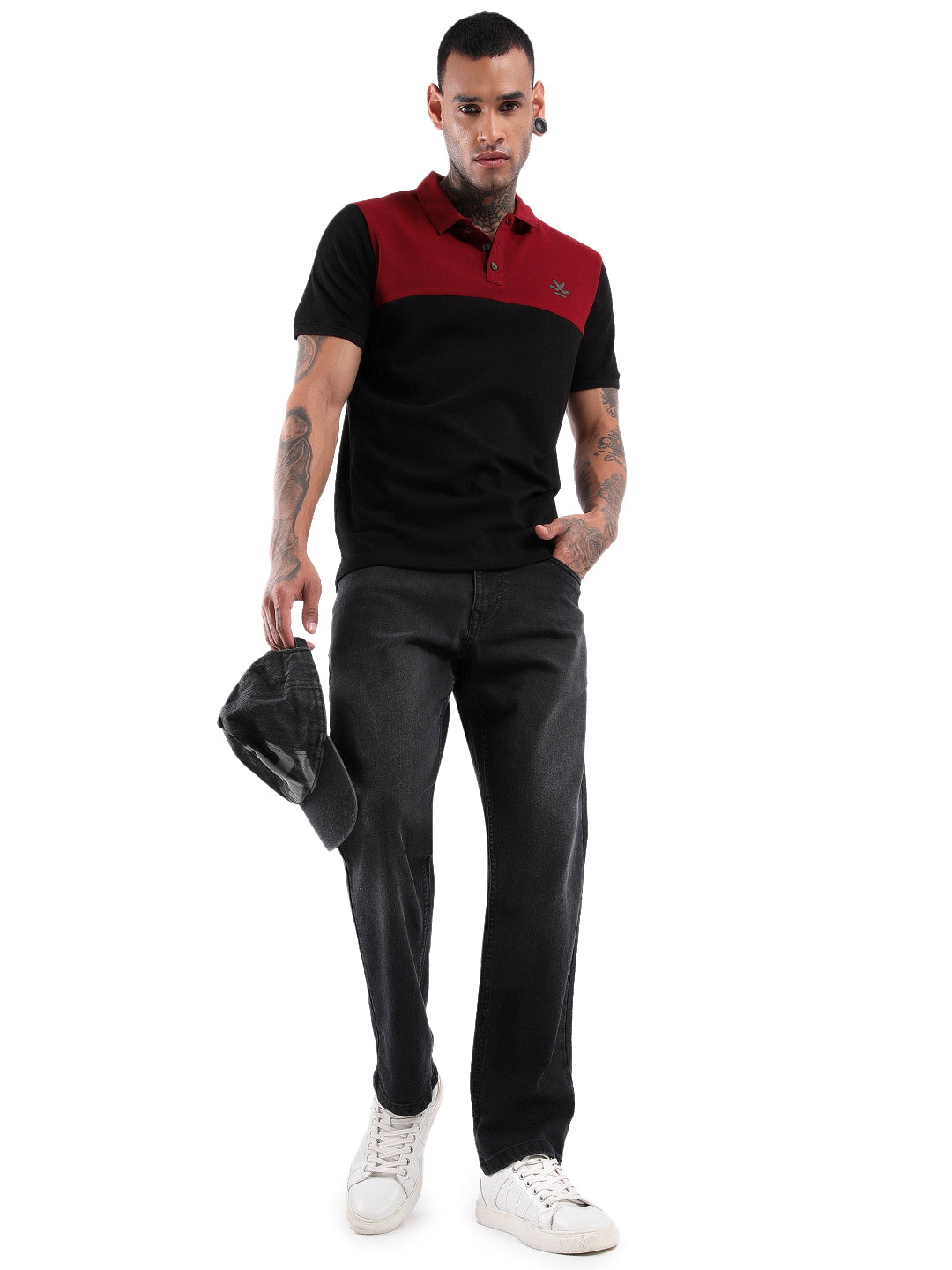 Red Over Black Colourblocked Polo