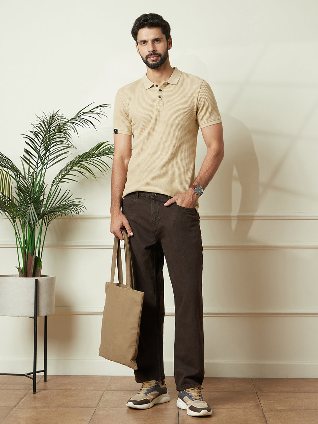 Textured Slim Fit Polo T-Shirt in Beige