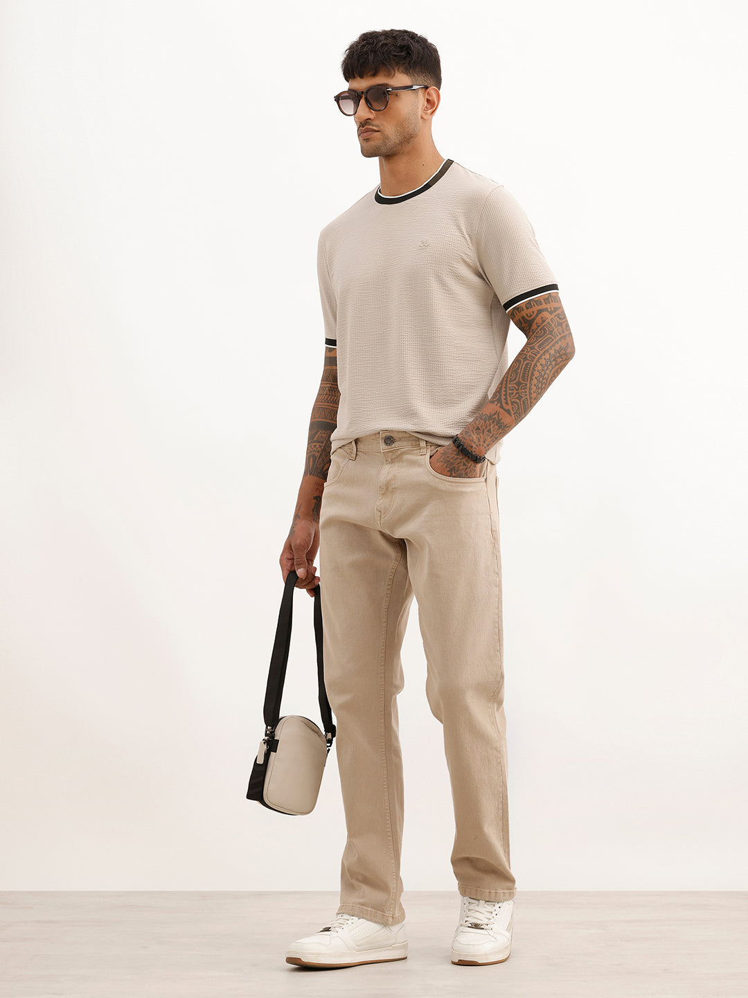Slim Fit Textured Contrast Collar T-Shirt | Beige | WTS02HSSL1221S