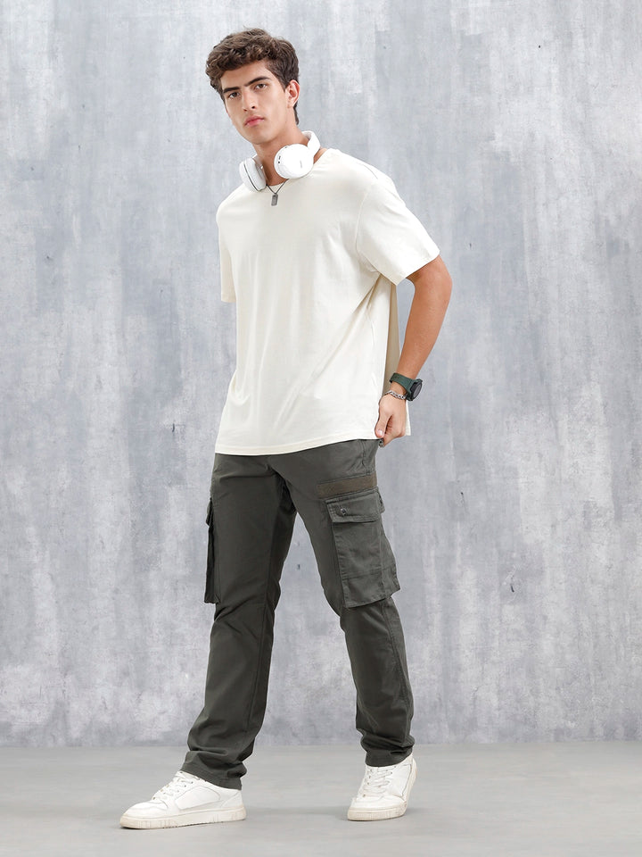 Straight Fit Cotton Twill Utility Trousers With Snap Pockets | Light Olive