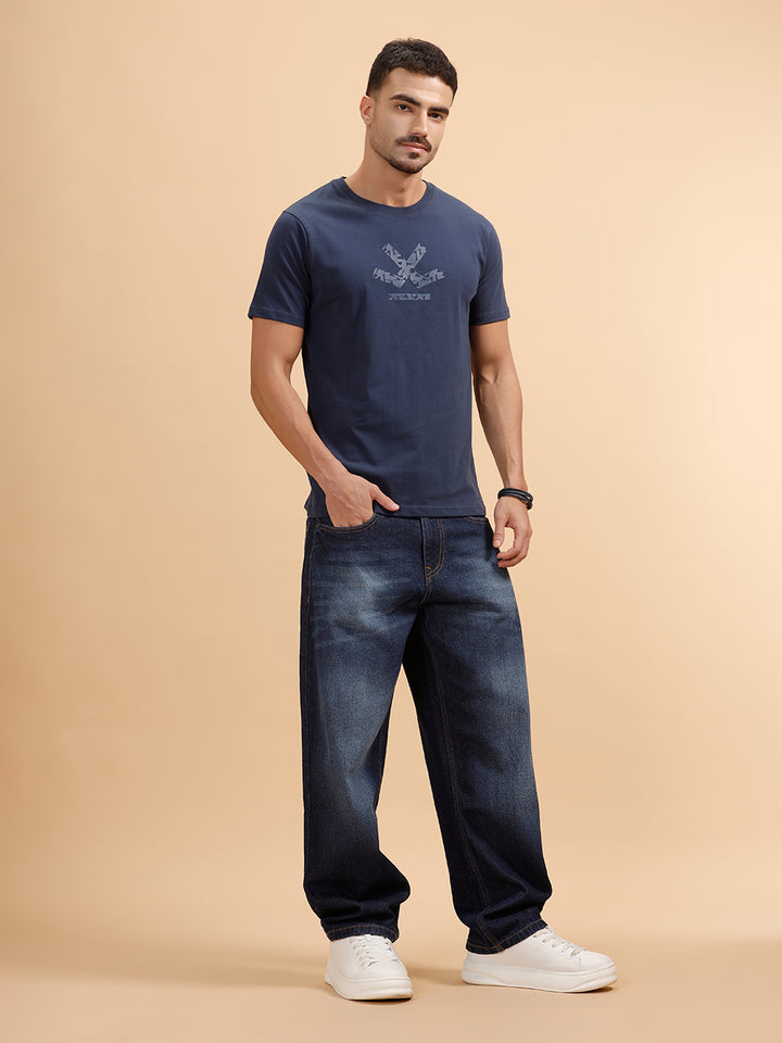 Tonal Logo Printed Slim Fit T-Shirt | Navy
