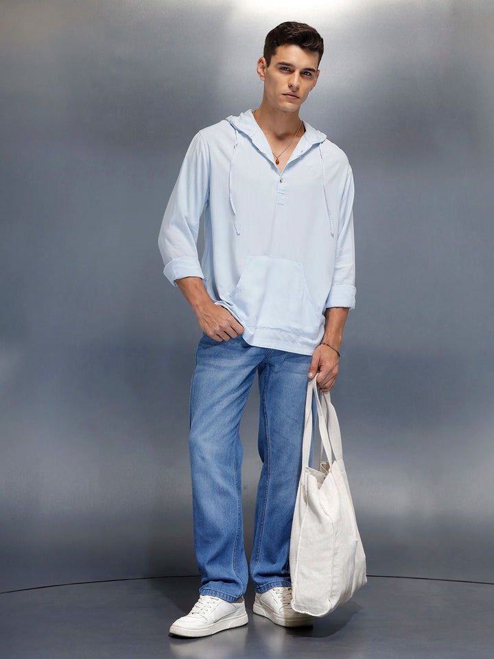 Men's slim fit casual hooded shirt | Blue