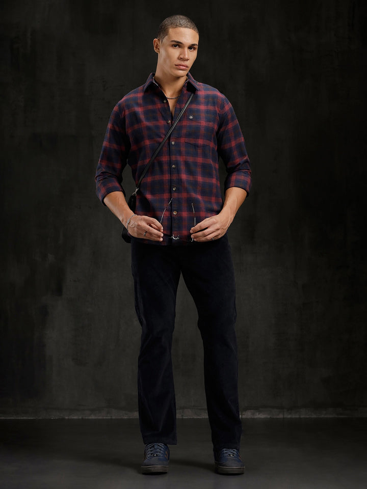 Checkered Cotton Twill Shirt | Maroon