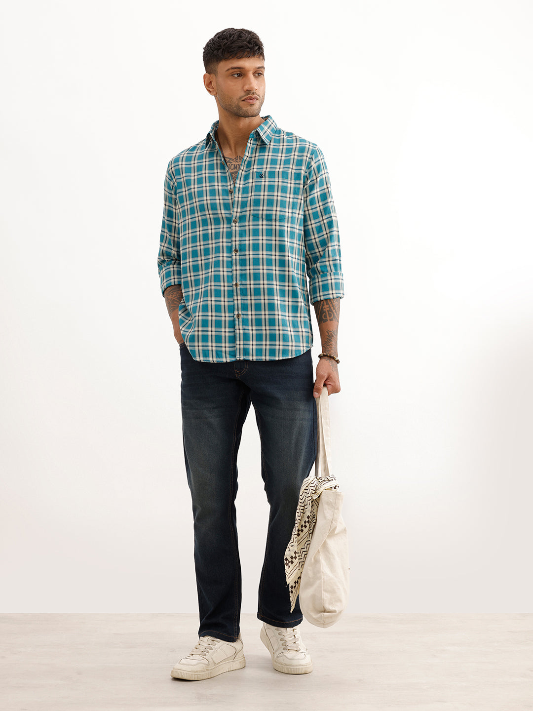 Regular Fit Full Sleeve Checkered Shirt | Teal