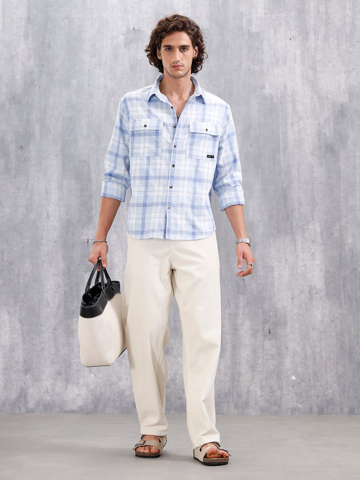 Comfort Fit Checkered Pattern Shirt With Double Pockets | Blue