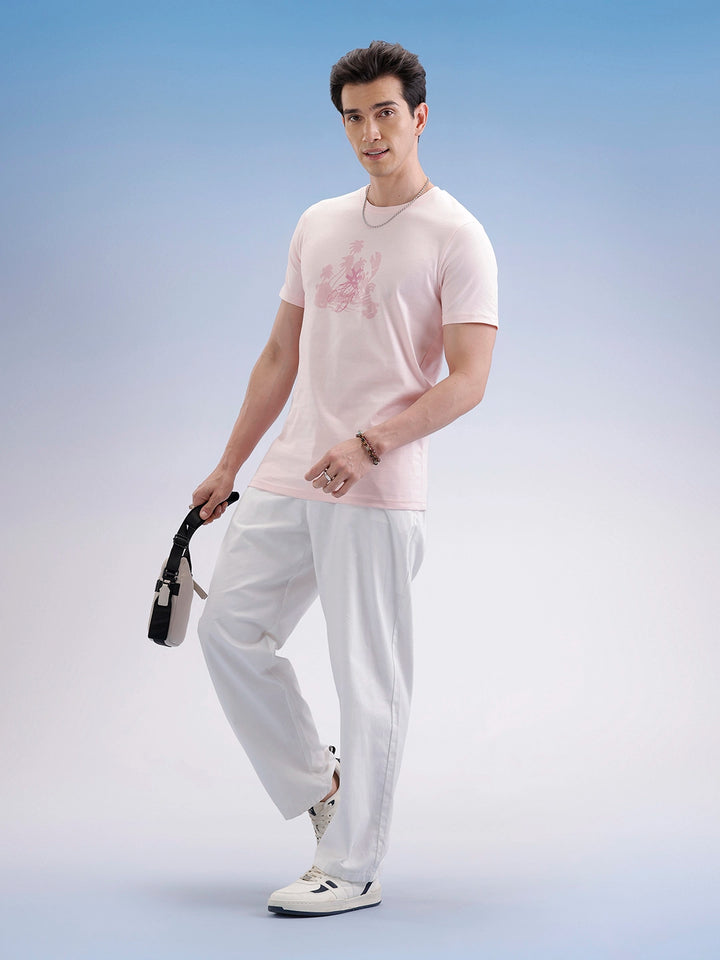 Slim Fit Flock Printed T-Shirt  | Pink