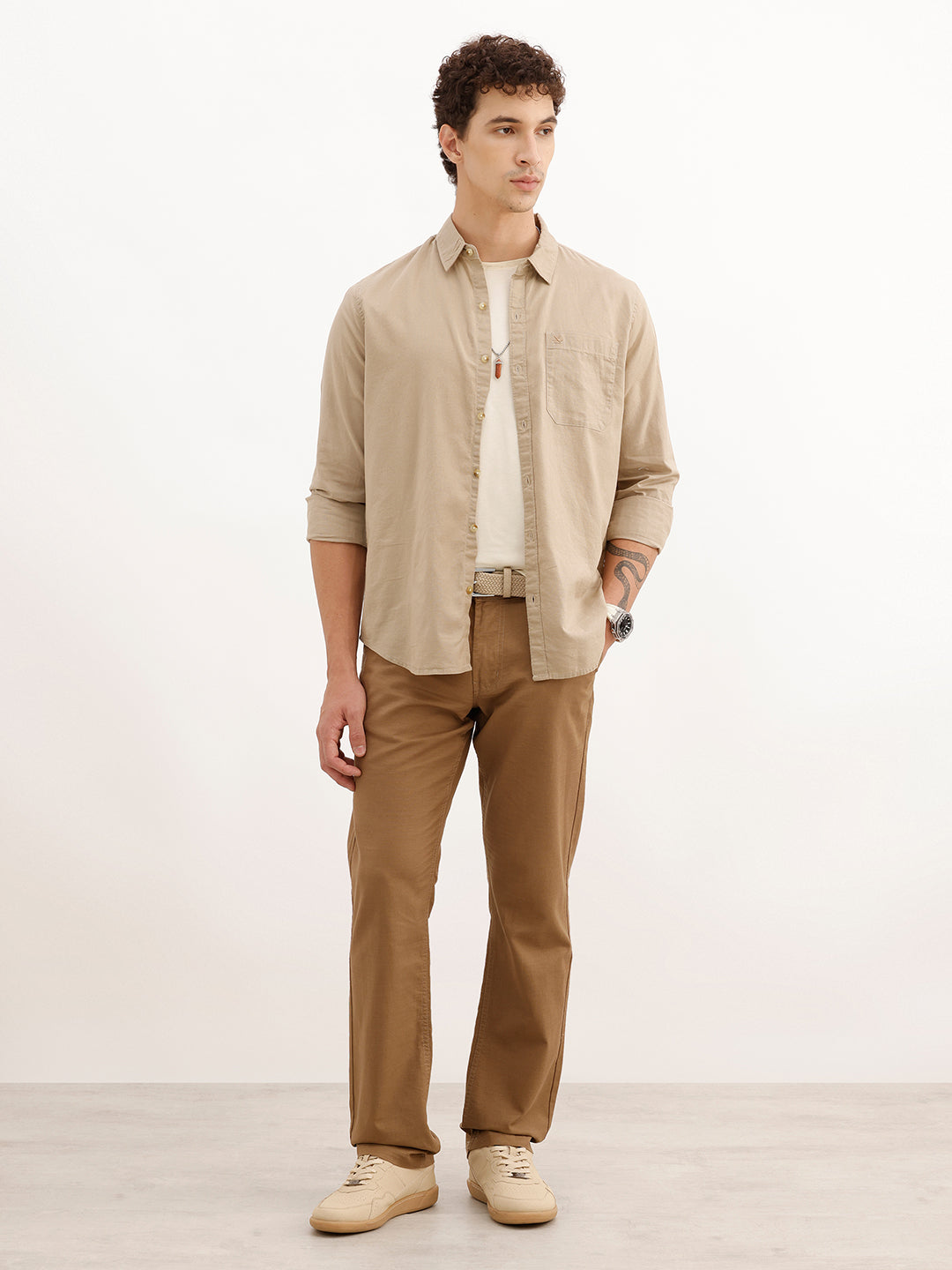 Solid Regular Fit Full Sleeve Shirt | Khaki